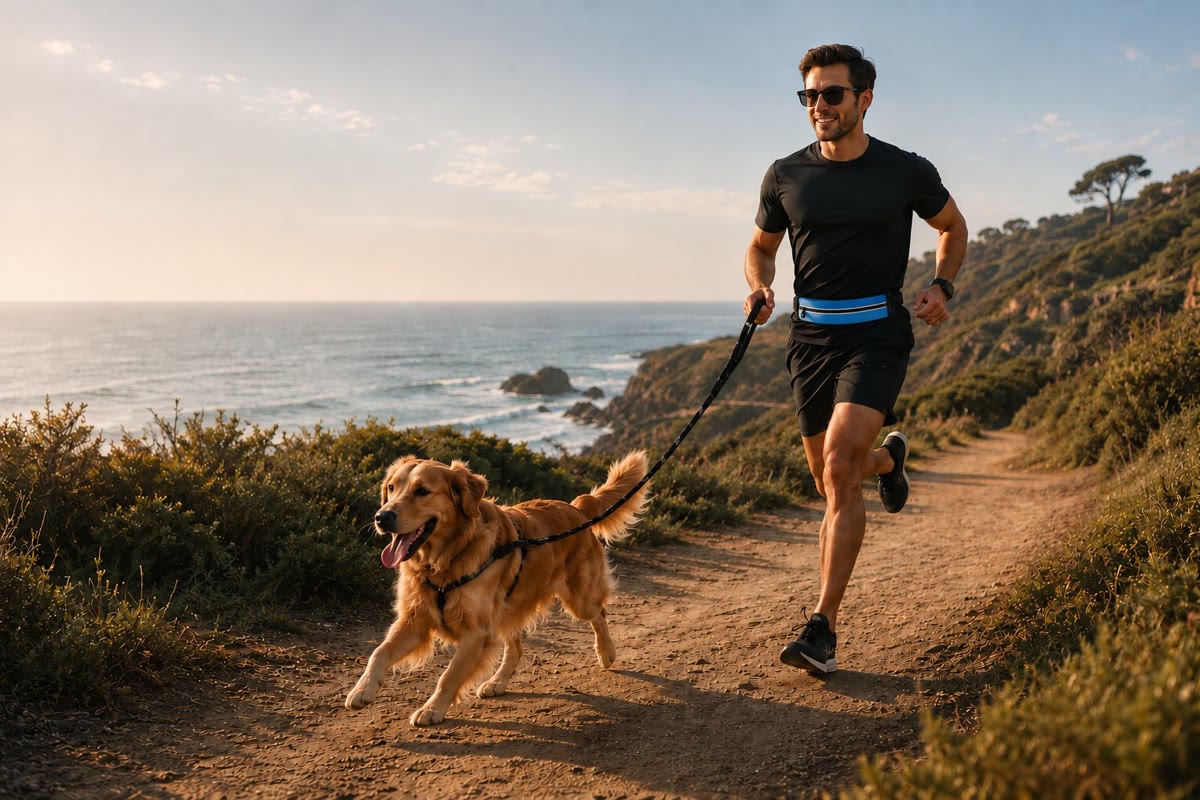 Man running a coastal trail at sunset with his golden retriever on a leash, wearing a TappWoo running belt.