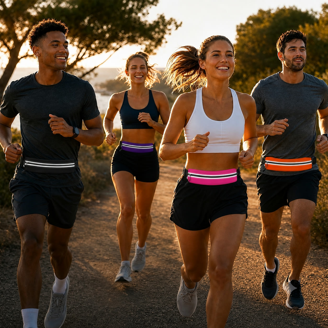 Four runners on a trail wearing TappWoo slim running belts in black, purple, pink and orange.
