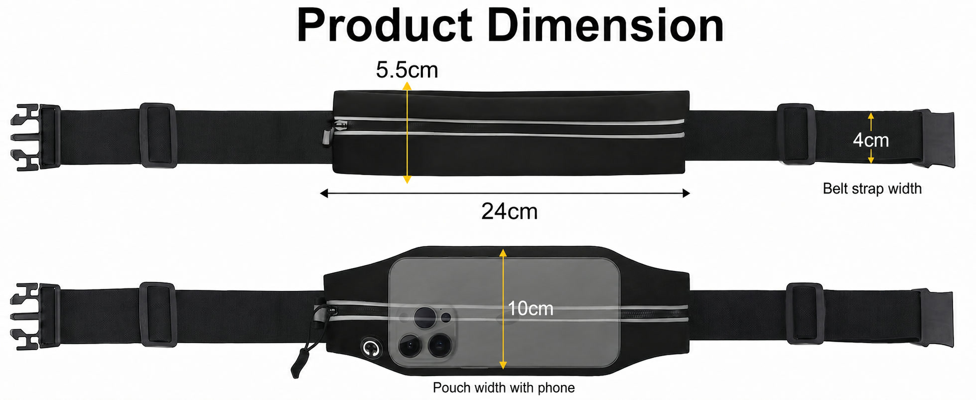 Product dimension diagram: belt strap width 4cm, pouch 24cm by 5.5cm flat, stretches to 10cm wide with phone inside.