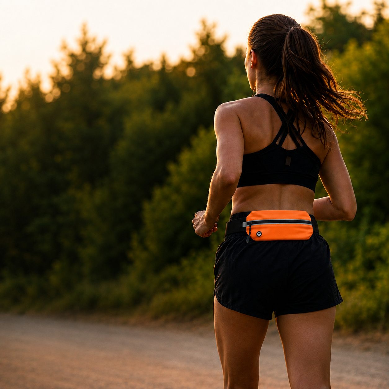 A runner mid-stride on a trail at sunset, wearing the orange TappWoo belt on her lower back with the pocket full, sitting flat and still as she runs.
