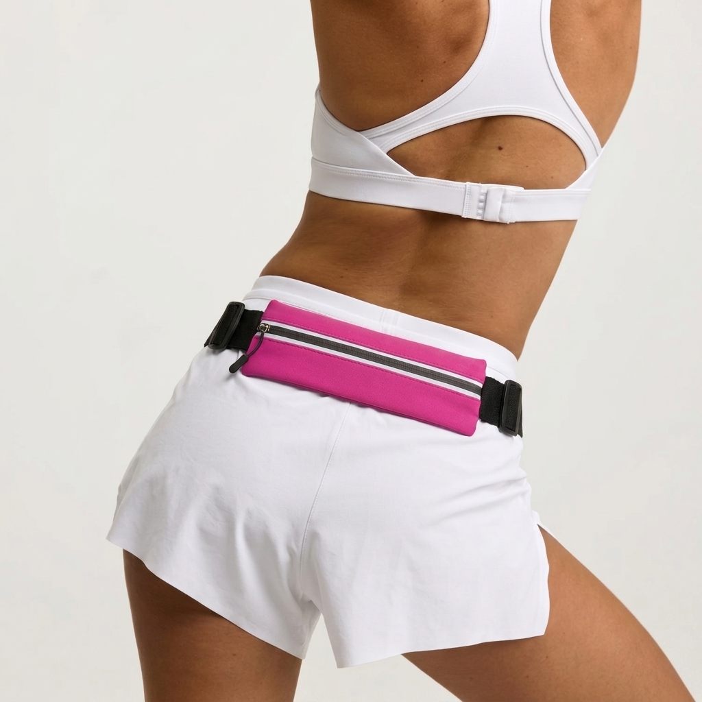 Close-up of the pink running belt sitting flat and flush against the waistband, showing how slim the profile is.