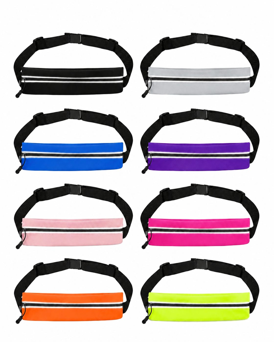 All eight TappWoo running belt colors: black, grey, blue, purple, pink, fuchsia, orange and neon yellow.