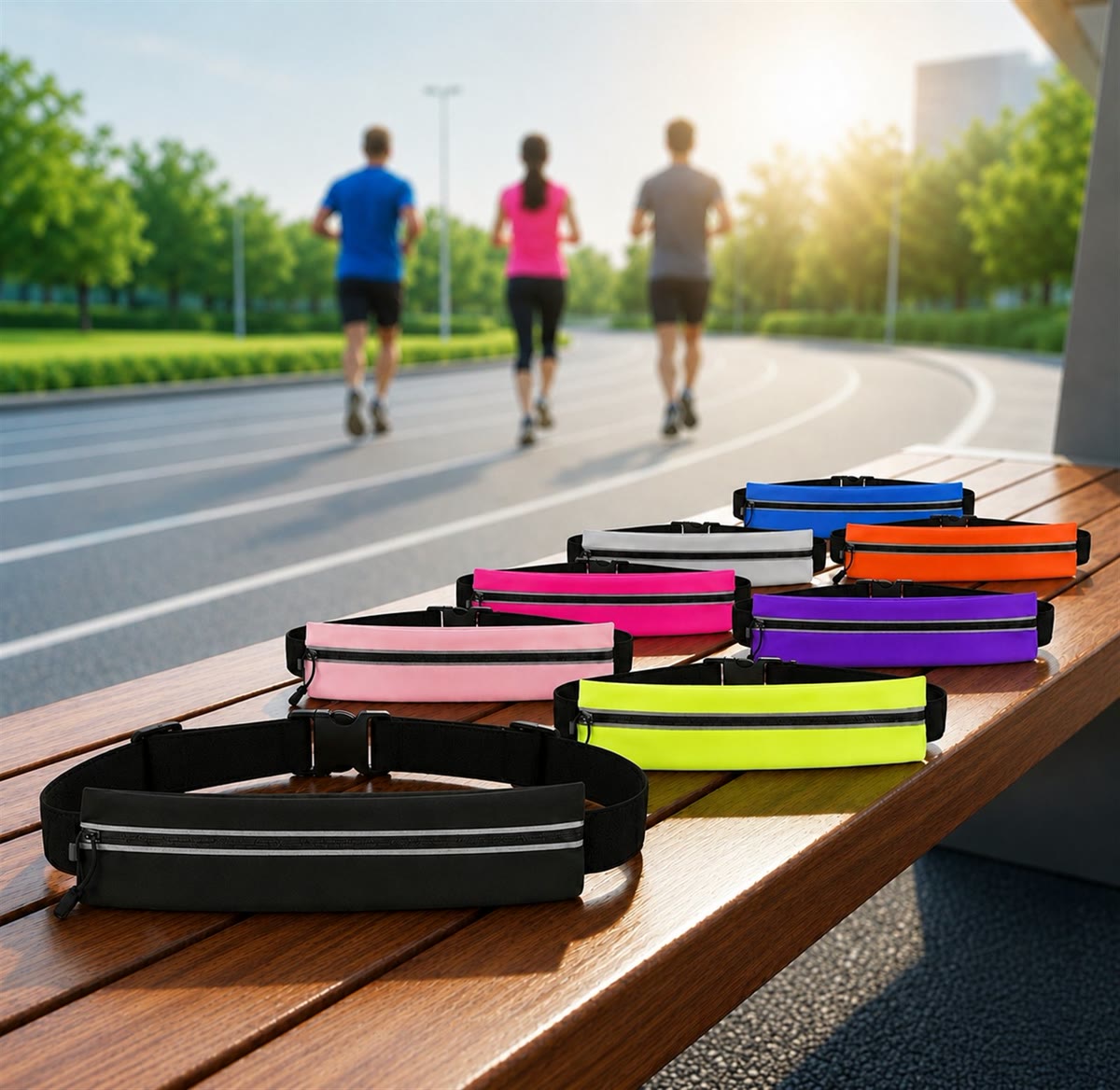 TappWoo running belts in 8 colors displayed on a track bench