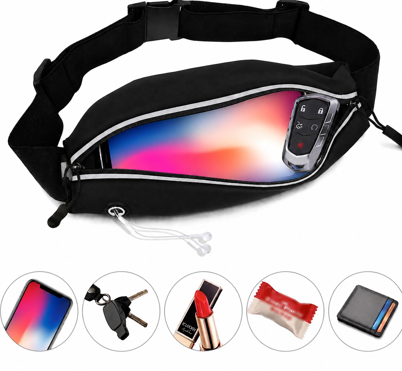Belt pocket fitting phone, keys, and everyday items
